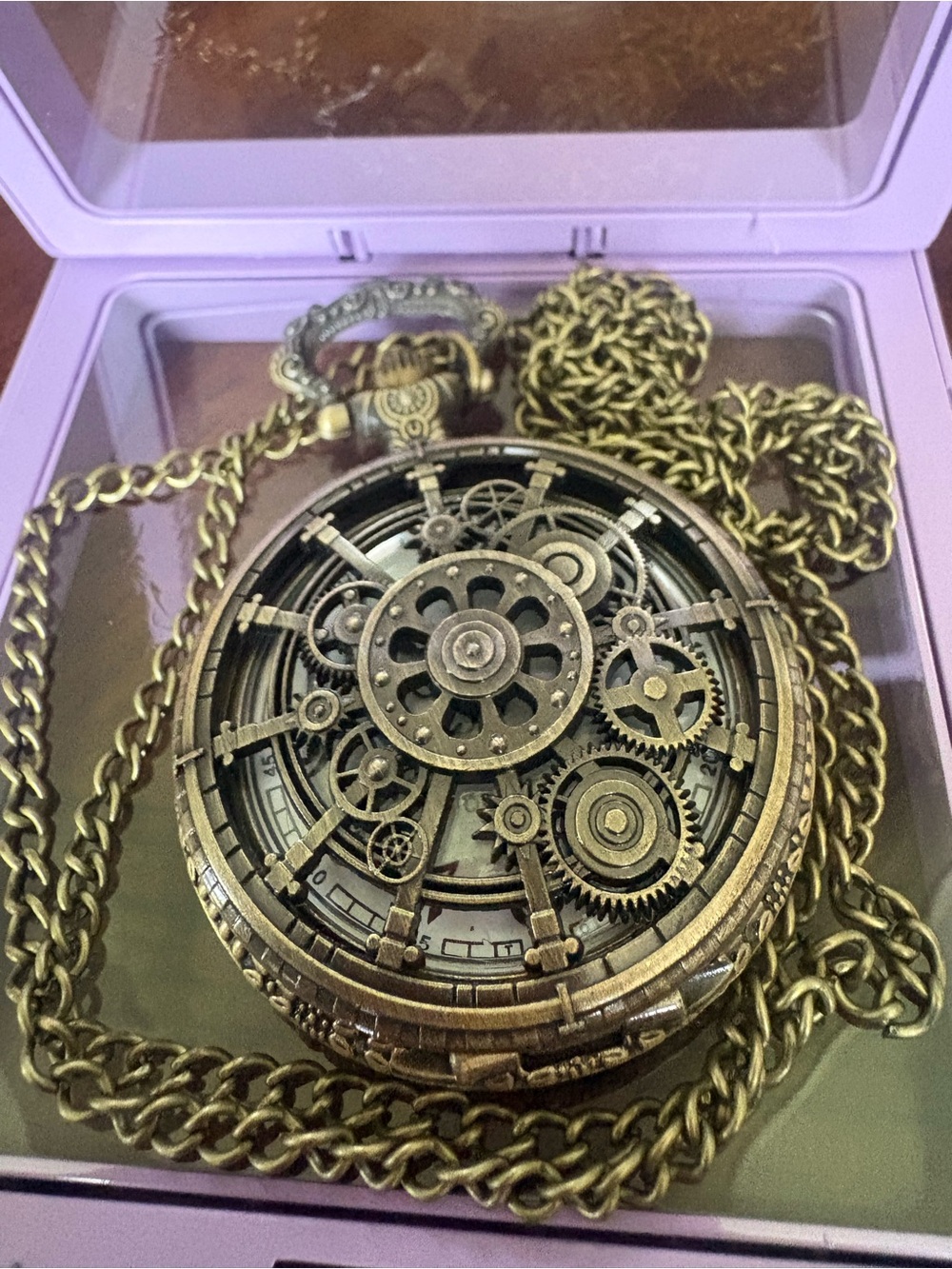 Vintage Steampunk Pocket Watch Necklace - Brass Tone